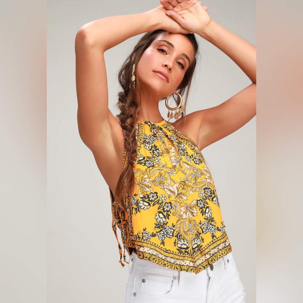 Free People Sofia Golden Yellow Floral Print crop top